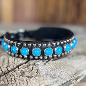 Turquoise Like Dog Collar - Leather Dog Collar - Black Studded Dog Collar - Turquoise Like Beaded Dog Collar - Southwest Style Dog Collars