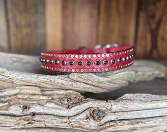 Smokey Quartz Style Red Leather Dog Collar – Silver Detail, Size 18