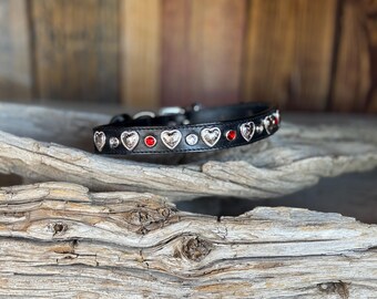 Black Leather Dog Collar - Swarovski Crystal Hearts, Size 14