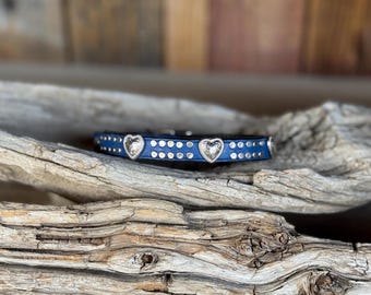 Woof Wear Navy Blue Leather Dog Collar – Silver Heart Studded, Handmade