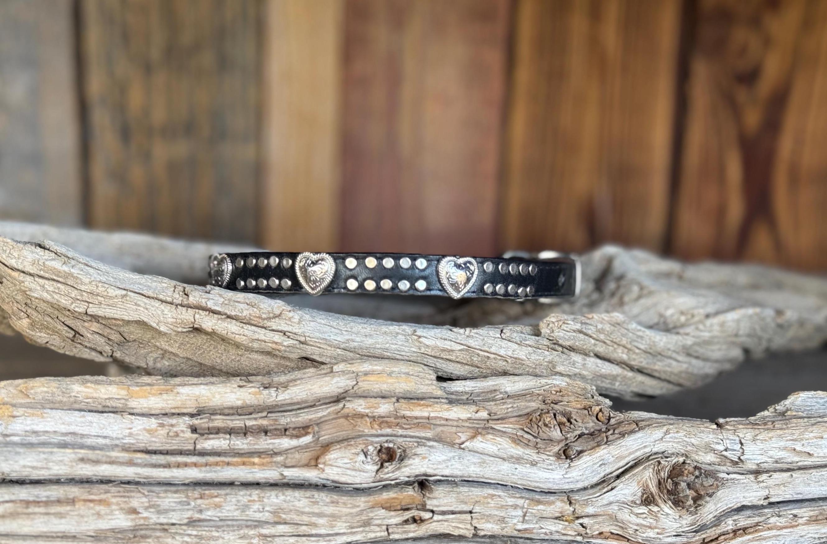 Black Leather & Heart Dog Collar - 1/2" Silver Heart Dog Collar - Heart Dog Collar - Studs and Silver Collar - Collar with Hearts and Studs