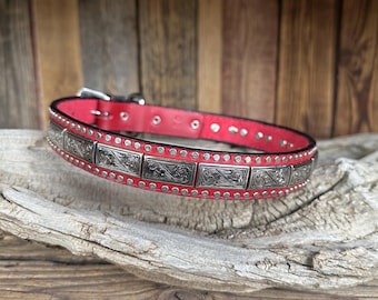 Red Silver Dog Collar - 1&quot; wide Dog Collar - Red Studded Dog Collar - Tribal Dog Collar - Santa Fe Dog Collars - Silver Studded Dog Collar
