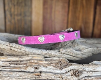 Woof Wear - Pink Italian Leather Dog Collar – Silver Hearts, Handmade