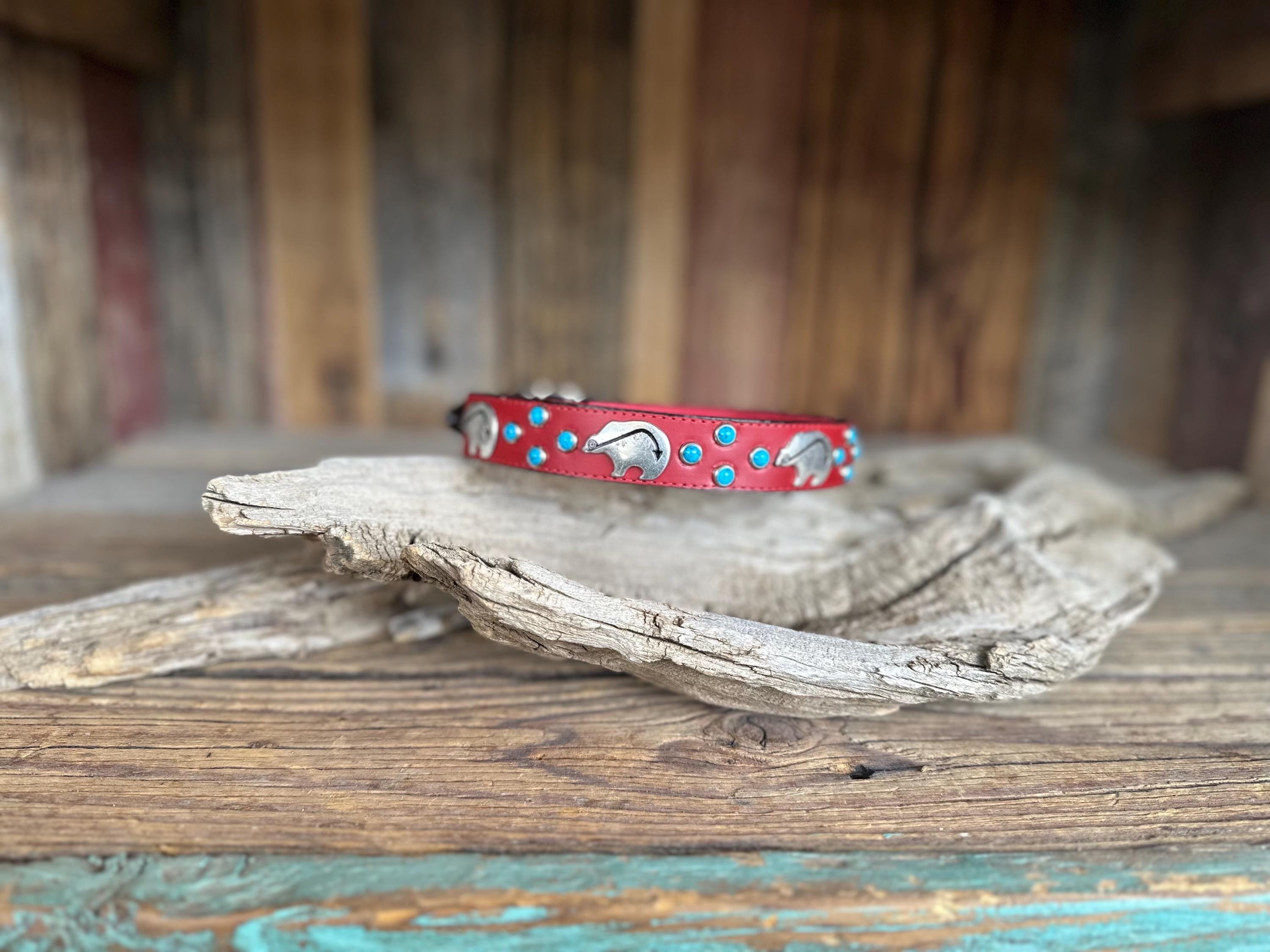 赤い革の犬用首輪 - ターコイズ＆シルバーベア、南西部スタイル - Etsy 