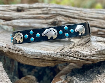 Black Bear Dog Collar - Turquoise Like Dog Collars - Black Leather Dog - Southwest Style Leather Dog Collar - Turquoise Bear Dog Collar