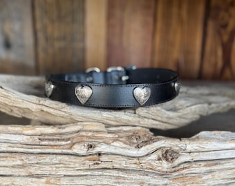 Black Leather Dog Collar – Silver Hearts, Italian Leather, Size 14