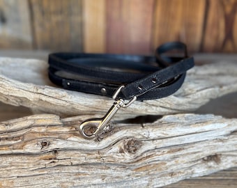 Black Suede Leather Dog Leash - Italian Leather, 1/2" Wide, 4ft Lead