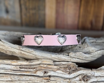 Woof Wear Pink Italian Leather Dog Collar – Silver Hearts, Handmade