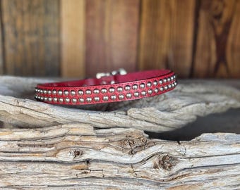 Red Leather Studded Dog Collar - Handmade Italian Leather