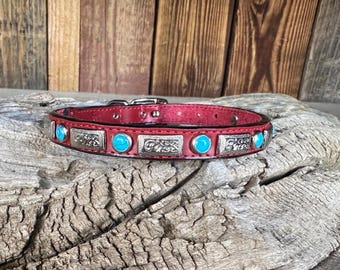 Turquoise Style  Dog Collar - Red Leather Dog Collar - Southwest Dog Collar - Red Turquoise Dog Collar - Luxury Leather Dog Collar -