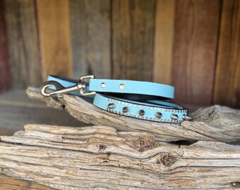 Studded Leather Dog Leash - Pale Blue, 4 Foot