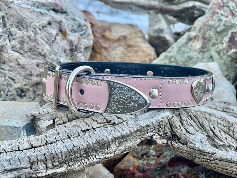 Pink Leather Dog Collar Personalized Dog Collar Crystal Etsy
