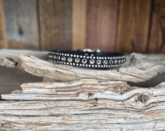 Handmade Black Leather Dog Collar with Smoky Topaz Swarovski Crystals – Size 16 Only