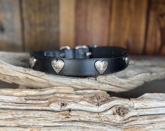 Black Leather Dog Collar – Silver Hearts, Handmade Italian Leather
