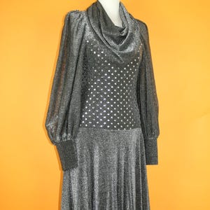 May include: A silver, shimmering dress with a cowl neck and long sleeves. The bodice features a pattern of small, silver dots. The dress has a long, flowing skirt, creating a vintage, elegant look.