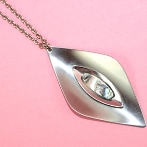 Stunning ViNtAgE 60s 70s LARGE Pendant Necklace Steel Abalone Silver Tone Modernist Mid Century Chain