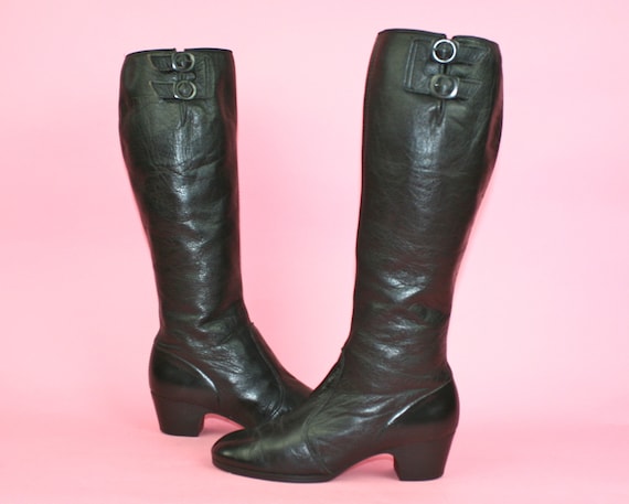 Vintage 60s Black Leather Boots Go Go UK 4 Sixties