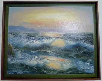 Custom Framed Art, Original Oil Painting of Ocean Waves on the Beach