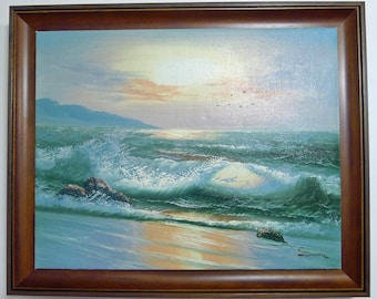 Custom Framed Art, Original Oil Painting of Ocean Waves on the Beach