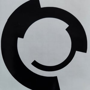 May include: Black and white circular logo with a broken circle design. The circle is incomplete, with a gap in the top right corner.