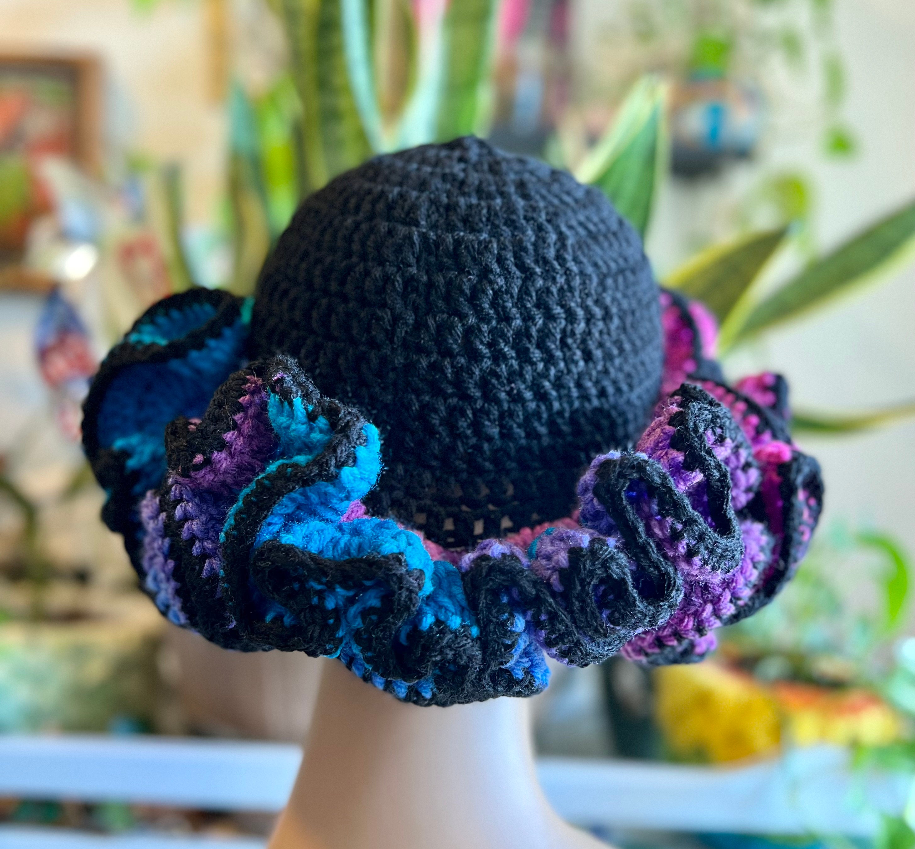 Blooming Ruffle Bucket Hat , Crochet , Blue Purple and Pink  display picture 3