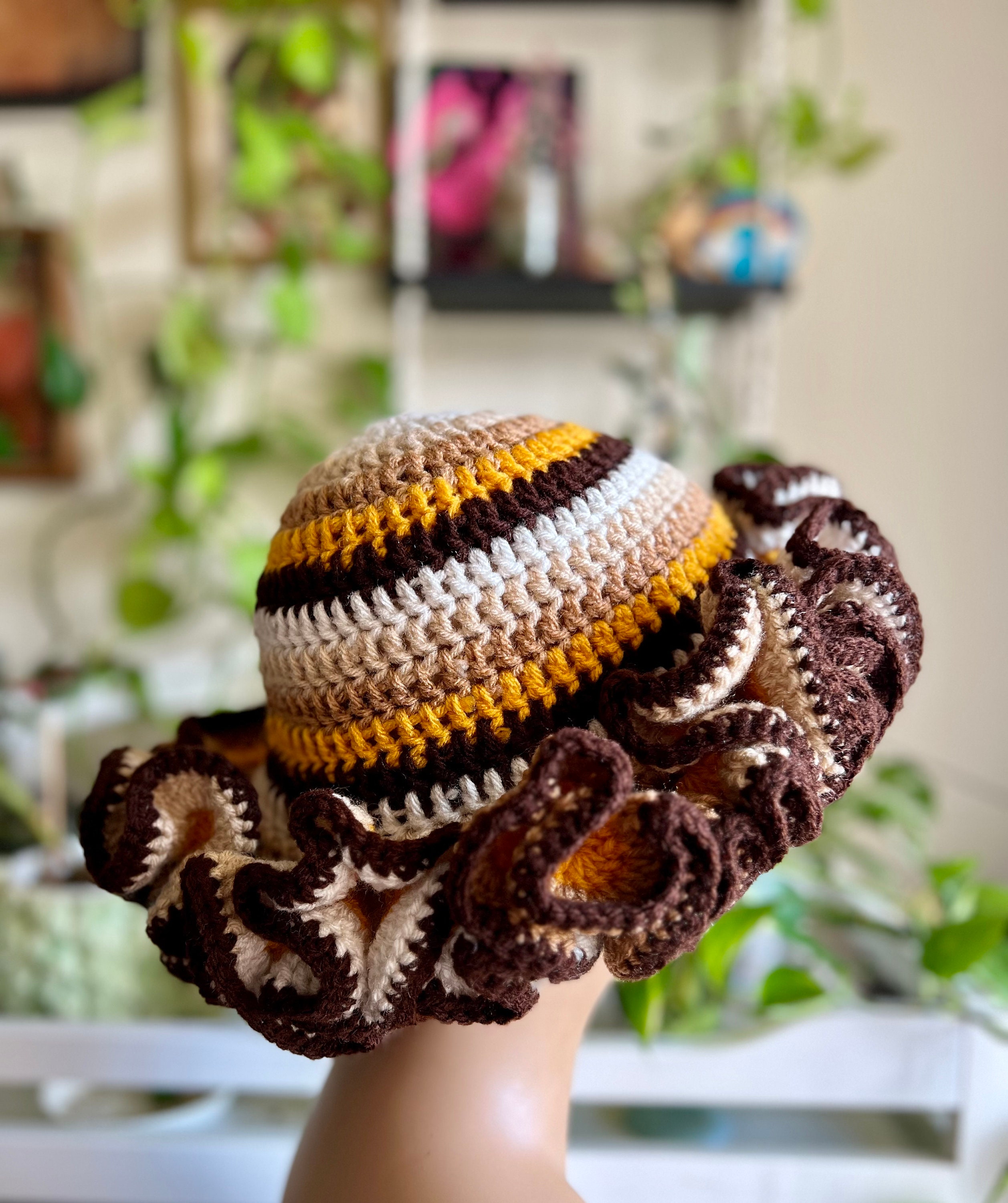 Blooming Ruffle Crochet Bucket Hat , Brown Beige and Gold  display picture 2