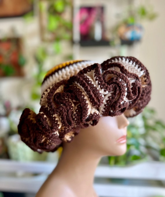 Blooming Ruffle Crochet Bucket Hat , Brown Beige and Gold  display picture 1