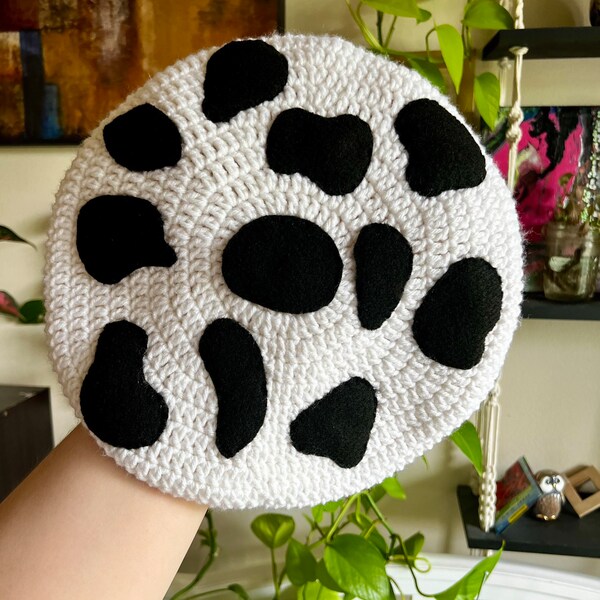 White beret with black heart and black felt cow print spots | needle felt | adult | crochet
