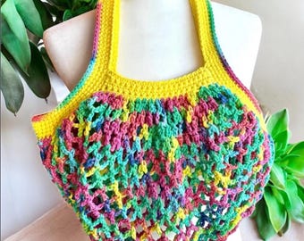 Borsa della spesa in rete di cotone arcobaleno all'uncinetto - Borsa della spesa boho fatta a mano