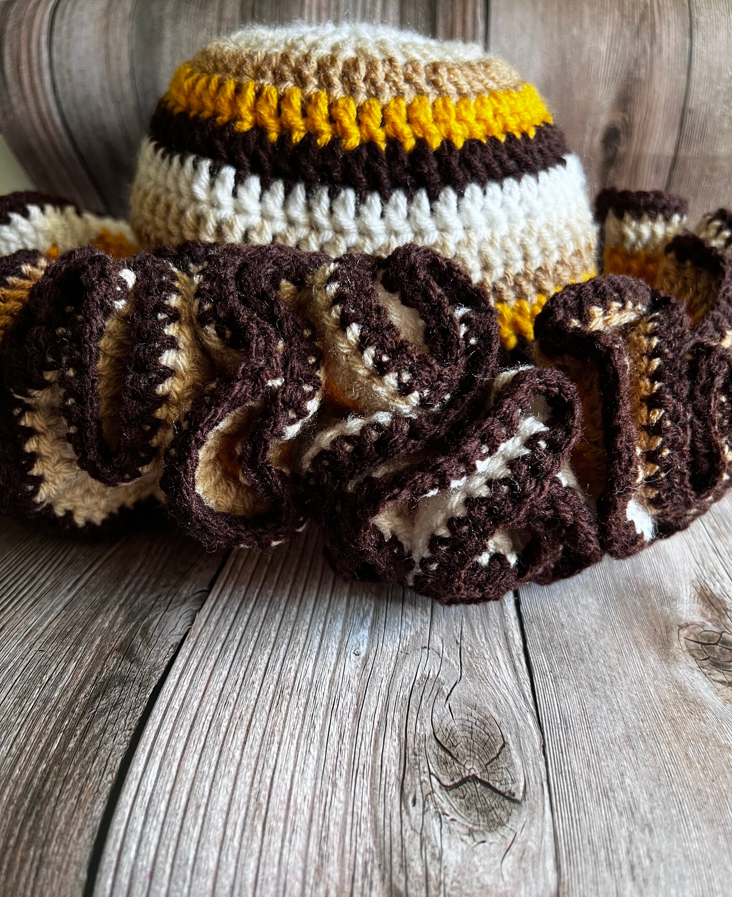 Blooming Ruffle Crochet Bucket Hat , Brown Beige and Gold 