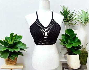 Black crop top , crochet bralette , size medium adult , cotton yarn