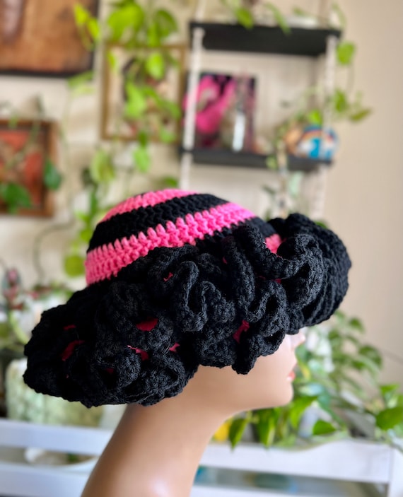 Blooming Ruffle Bucket Hat , Pink and Black , Hair Accessories