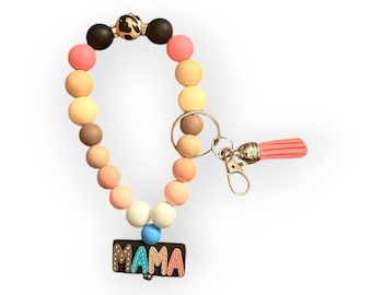 Llavero de pulsera con cuentas, dije de mamá, colores marrón, rosa y negro, cuentas de silicona