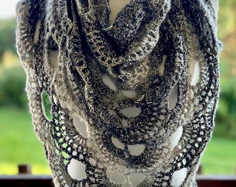 Crochet virus shawl | grey , black , white gradient | adult women | cowl