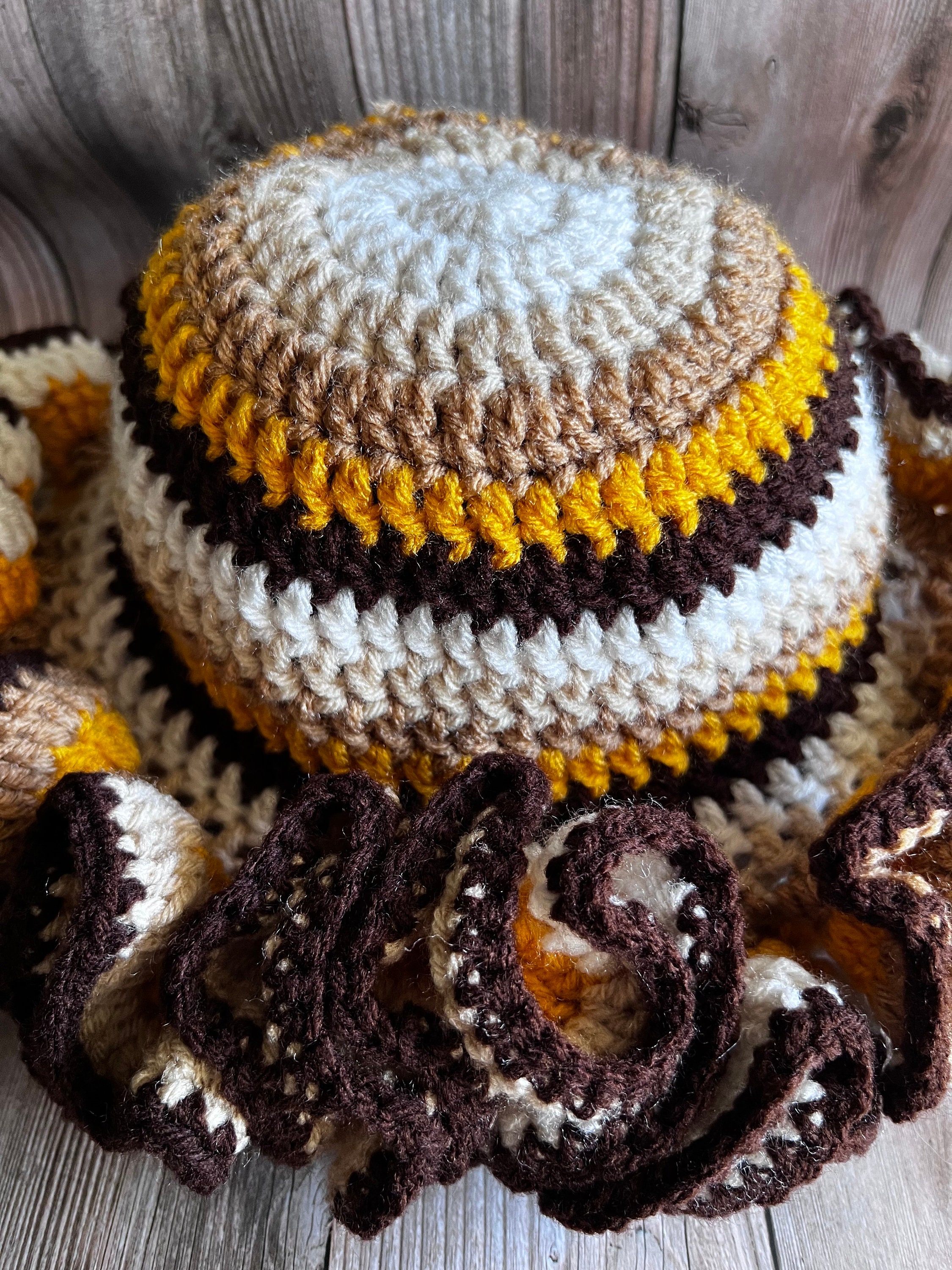 Handmade Crochet Brown Ruffle Bucket Hat Bohemian Casual Festival Neutral Fall Forest Stripe Ruffle Hat Crochet Tutorial | TikTok main image 4