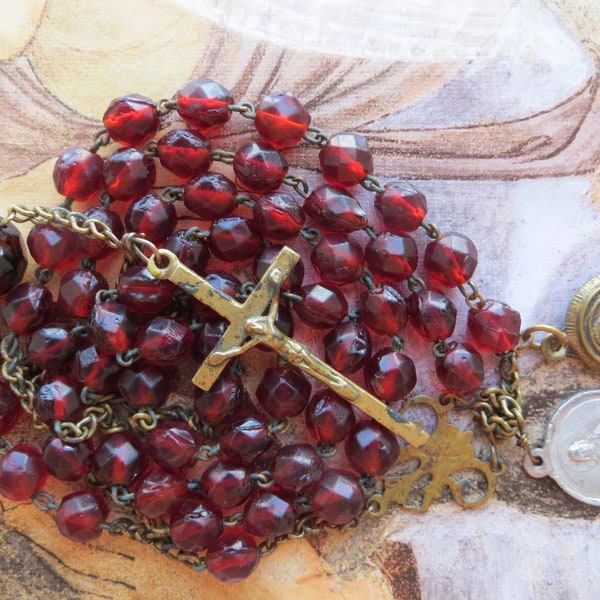 1800s Antique Garnet Glass Beads Pilgrimage Rosary-in Brass/Rare St John Vianney & Notre Dame de Montaigu Medals