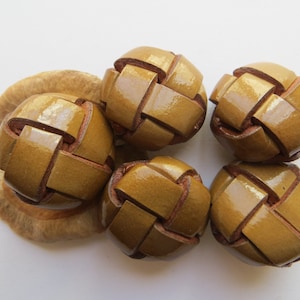 50s Vintage Med Weaved Genuine Leather &#39;Tortilla&#39; Brown/Dark Beige Coat Jacket Dress Buttons-27mm