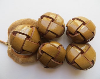 50s Vintage Med Weaved Genuine Leather 'Tortilla' Brown/Dark Beige Coat Jacket Dress Buttons-27mm