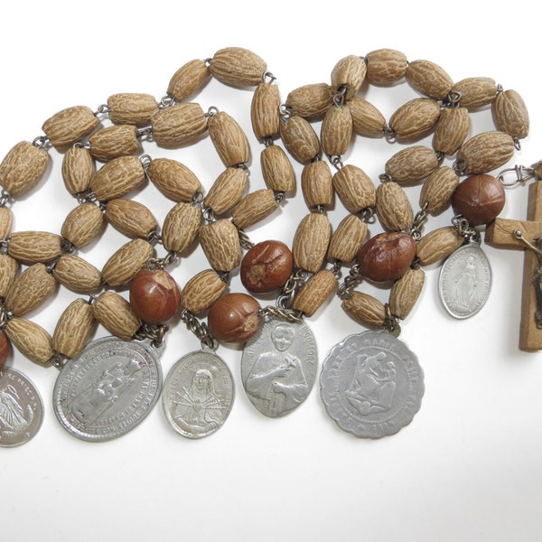 Late 1800's Scarce Antique Pilgrimage Natural Olive Pits & Fruit Nuts Rosary-Jerusalem/Medals