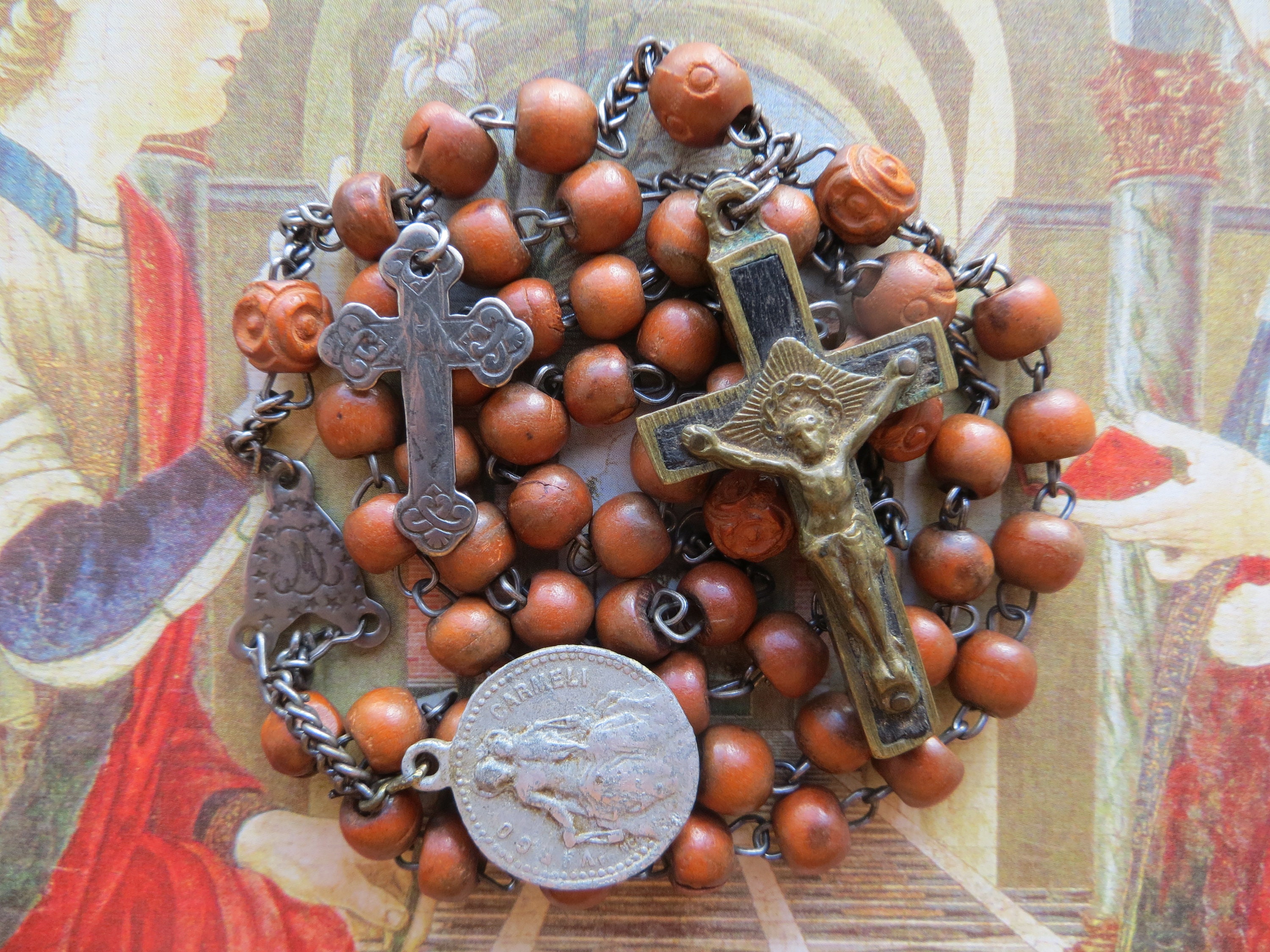 アンティーク★木製ロザリオ＆ブレスレットセット★ヴィンテージ Late 1800's Antique Brown Wood Beads Rosary-2 Crucifixes, 'virgo