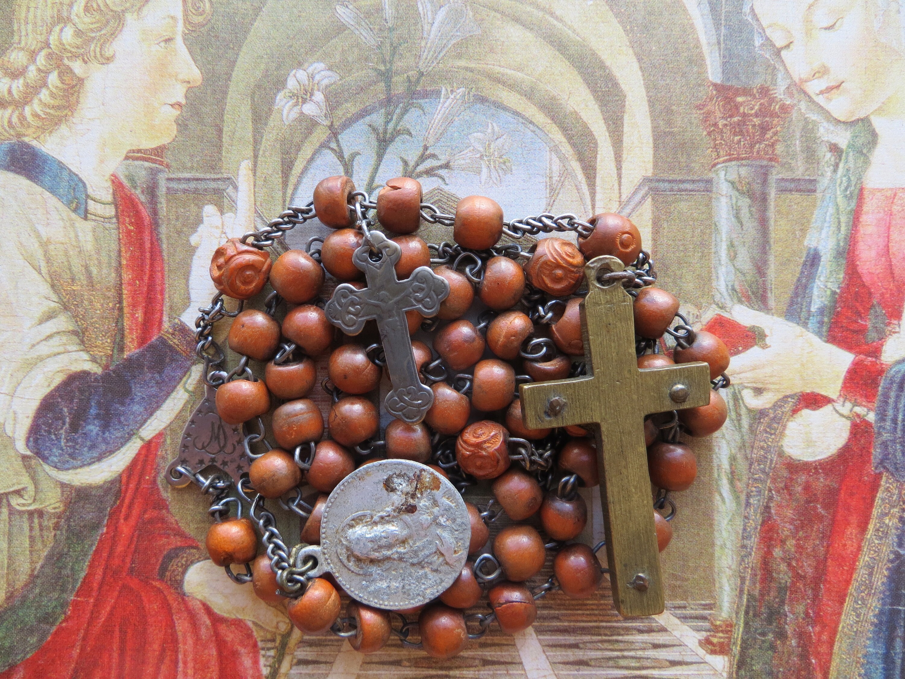 Late 1800's Antique Brown Wood Beads Rosary-2 Crucifixes, 'virgo