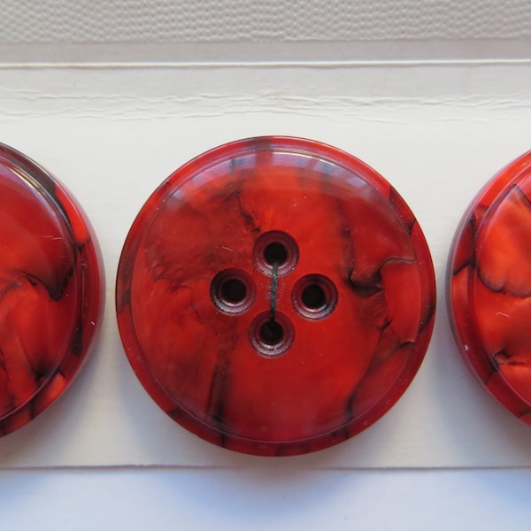 1950s Vintage Big Rimmed 4-Hole Marbled Bright Red Coat Jacket Cape Dress Buttons-34mm