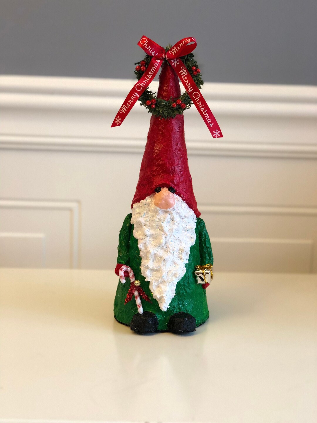 Handmade Paper Mache Gnome. Christmas Gnome. Xmas Gnome Figurine
