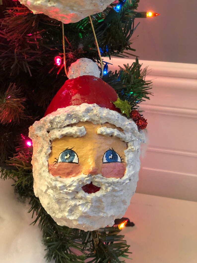Handmade Santa Ornament. Paper Mache Sculted Santa. Santa Head Etsy