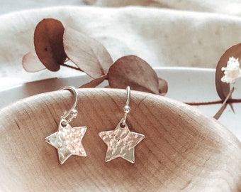 Sterling Silver Hammered Star Drop Earrings | Celestial Jewellery | Astrological | Gifts For Her | Star Jewellery | Dangly Drop Earrings