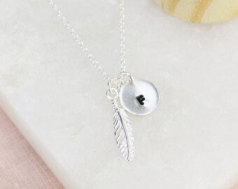 Sterling Silver Feather Necklace With Hand Stamped Disc Option | Personalised Gift | Feather Jewellery | Angel Gift | Initial Jewellery