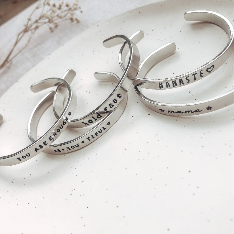 Personalised Hand Stamped Aluminium Cuff Bangle Custom Message Personalised Gift Personalised Jewellery Song Lyrics Quotes Names image 2