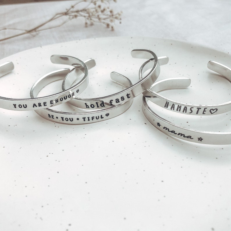 Personalised Hand Stamped Aluminium Cuff Bangle Custom Message Personalised Gift Personalised Jewellery Song Lyrics Quotes Names image 1