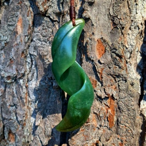 Wyoming Apple-Emerald Green Nephrite Jade Hand-Carved Folded Abstracted Tree Leaf Organic Carving, Pendant, or Necklace