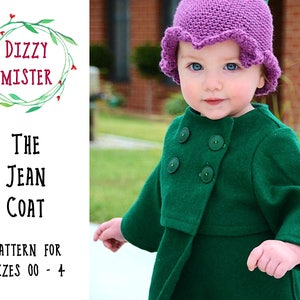 May include: A green coat with double buttons and a ruffled purple hat. The text "The Jean Coat" and "Pattern for Sizes 00 - 4" is visible on the white background.